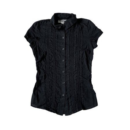 black ruffle front button up short sleeve blouse top