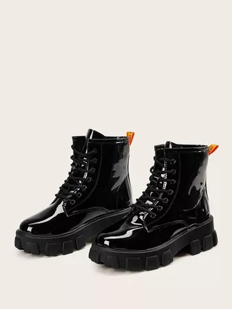 Lace-up Front Patent Leather Ankle Boots | ROMWE