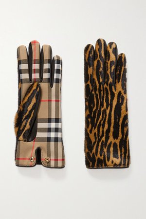 Burberry | Leather-trimmed leopard-print calf hair and checked twill gloves | NET-A-PORTER.COM