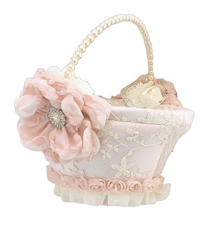 Vintage Style Flower Girl Basket Blush Pink Ivory Round Lace Wedding Girl Basket Elegant Pearl Handle Basket Pearl Handle Gatsby