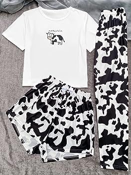 OYOANGLE Women's 3 Piece Pajama Set Sleepwear Loungewear Sets PJ Set Print Tee Top and Shorts with Pants White L at Amazon Women’s Clothing store