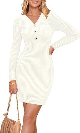 TECREW Women's Fall Long Sleeve Ribbed Knit Sweater Dress Sexy V Neck Bodycon Mini Dress at Amazon Women’s Clothing store