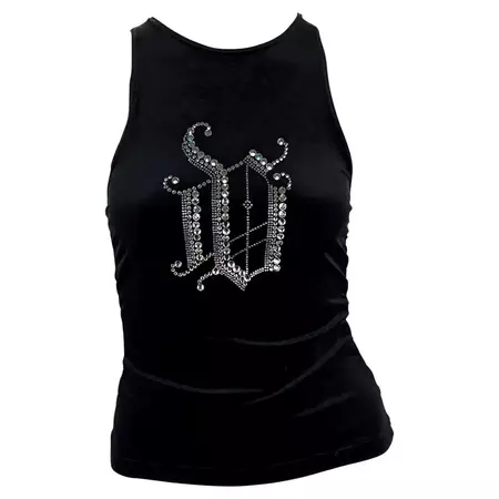 2000s Versace by Donatella Diamante Monogram Logo Black Velvet Stretch Tank For Sale at 1stDibs