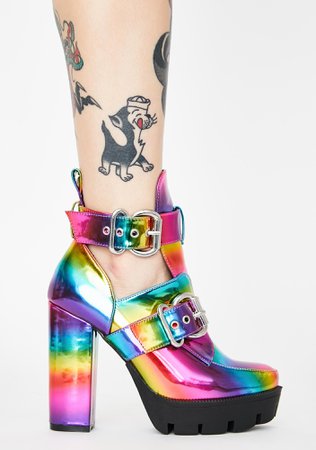 Rainbow Buckle Heeled Platform Ankle Boots | Dolls Kill