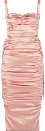 Lace-up Ruched Stretch-silk Satin Midi Dress - Blush