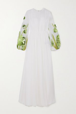 Ivory Sequined plissé silk-chiffon gown | Valentino | NET-A-PORTER