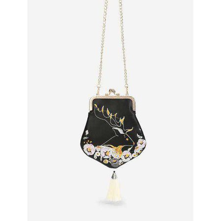 Fashiontage - Black Flower Print Embroidery Chain Pouch - 920980815933