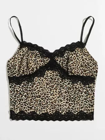 brown Lace Trim Ruched Bust Leopard Cami Top | SHEIN USA