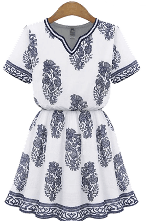White Blue Boho Short Dress