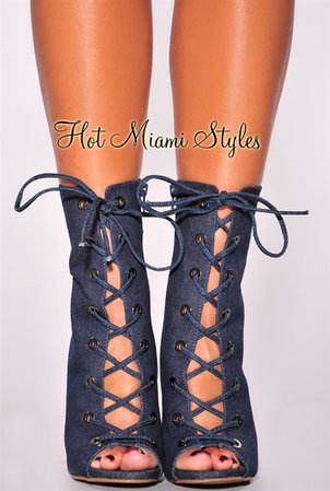 Denim Double Lace Up High Heel Boots