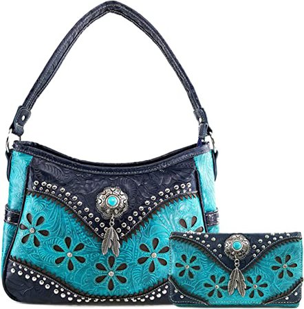 Justin West Cowgirl Leather Cut Concealed Carry Feather Concho Country Vintage Western Handbag Purse Wallet Set (Deep Turquoise)