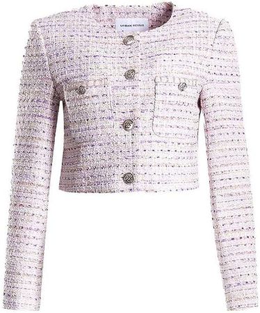URBAN REVIVO Women's Long Sleeve Cropped Tweed Jacket with Pocket Elegant Slim Fit Work Office Business Short Tweed Blazer at Amazon Women’s Clothing store