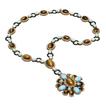 Veschetti 18 Kt Yellow Gold, Turquoise, Tiger Eye, Onyx and Diamonds Necklace For Sale at 1stDibs