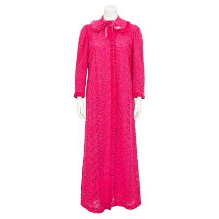 1960s Hot Pink Lace Duster with Velvet Trim For Sale at 1stDibs