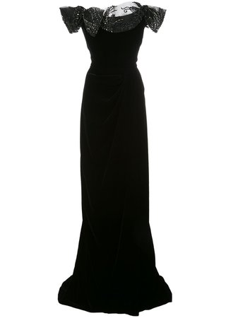 Black Marchesa Off The Shoulder Velvet Evening Gown | Farfetch.com