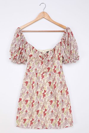 Cream Floral Print Dress - Puff Sleeve Dress - A-Line Mini Dress - Lulus