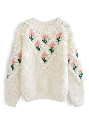 Stitch Floral Diamond Pom-Pom Hand Knit Sweater in White - Retro, Indie and Unique Fashion