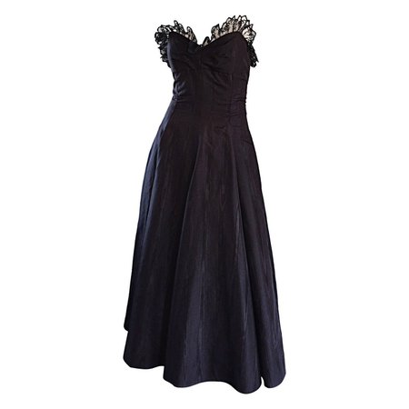 1950s 50s Black Silk Taffeta + Lace Strapless " New Look " Vintage Dress For Sale at 1stdibs