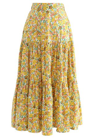 Yellow Floret Frilling Cotton Skirt - Retro, Indie and Unique Fashion