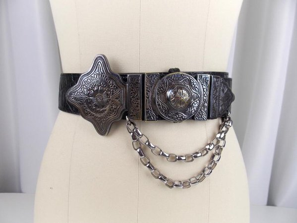 Statement Black Leather Waist Belt with Chain Buckle Medieval | Etsy