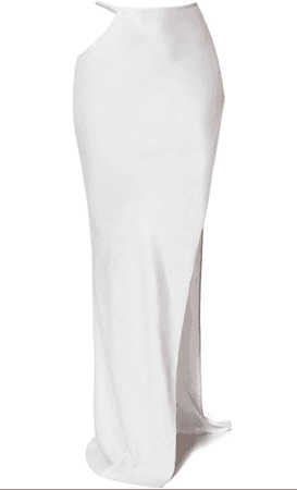 long white silk skirt with slit in it