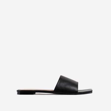 Covergirl Square Toe Flat Slider Sandal In Black Faux Leather | EGO