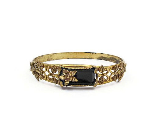 Victorian Onyx Glass Floral Gold Bangle Bracelet Brass | Etsy