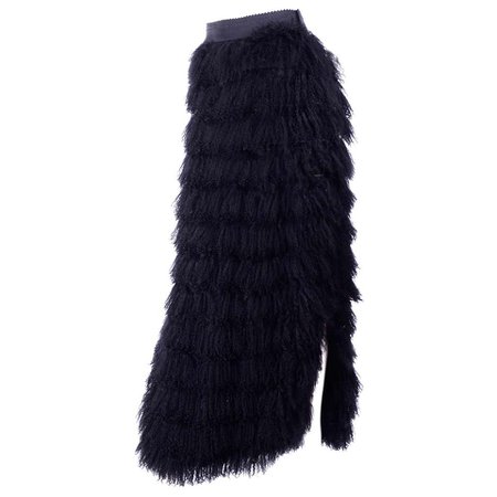 1999 F/W Runway Dolce and Gabbana Black Mongolian Lambs Fur and Silk Long Skirt For Sale at 1stdibs
