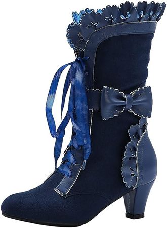 Amazon.com: LanreyTaley Women Sweet Bow Boots Mid Heels Lace Up Victorian boots Mid Calf Kawaii Boot : Everything Else