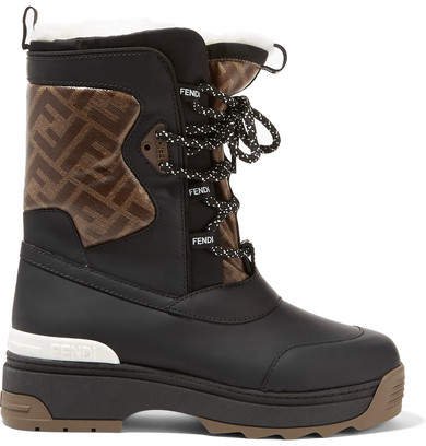 T-rex Shearling-lined Logo-print Coated Canvas And Leather Ankle Boots - Black
