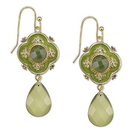 Gold-Tone Green Faceted and Enamel Drop Earrings