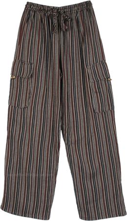 Brown Striped Unisex Bohemian Pants with Pockets | Brown | Split-Skirts-Pants, Pocket, Vacation, Striped, Bohemian