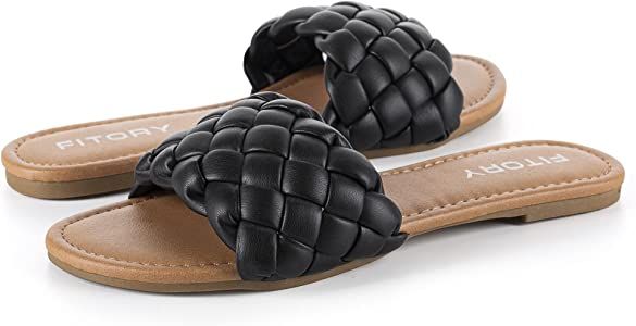 Amazon.com | Womens Flat Sandals Fashion Round Open Toe Slip On Slides with Braided Strap Slippers for Summer Size 8 Black | Slides