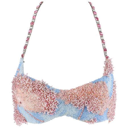 VERSACE ATELIER S/S 1992 Pink and Blue Silk Crystal Beaded Floral Halter Bra Top For Sale at 1stDibs