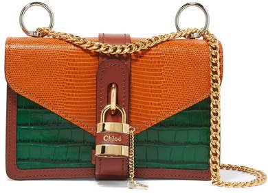 Aby Chain Paneled Croc-effect And Lizard-effect Leather Shoulder Bag - Orange