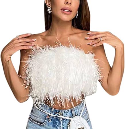 AIBEARTY Women Sexy Faux Fur Feather Crop Tops Strapless Bandeau Tube Top Plush Aesthetic Cami Vest Tank Top Clubwear White at Amazon Women’s Clothing store