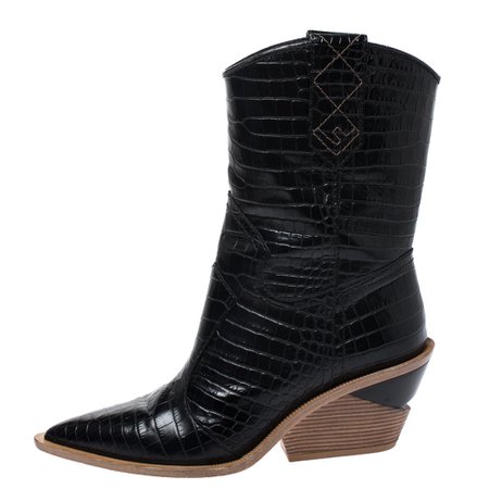 Fendi Black Croc Embossed Leather Cowboy Boots