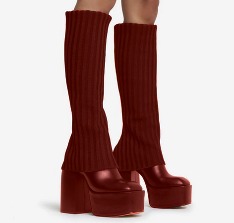 Red Chunky Heel Boots With Knit Fold Over Leg Warmers