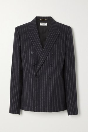Double-breasted Metallic Pinstriped Wool-blend Twill Blazer - Black