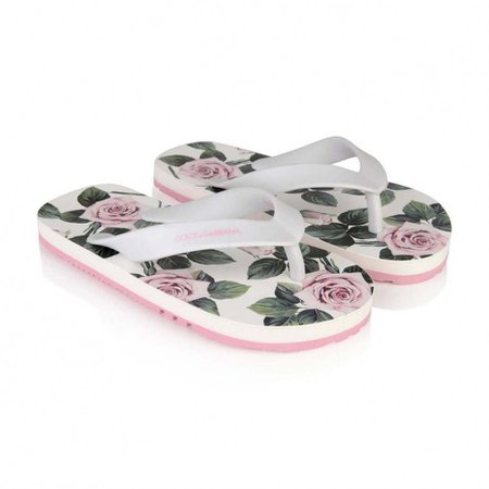 Dolce & Gabbana Girls Flip-Flops - White & Pink Rose Flip-Flops - Girl - New Arrivals