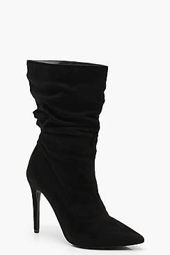 Pointed Toe Ruched Calf High Shoe Boots
