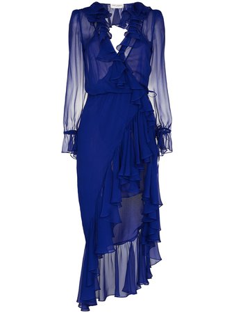 Blue Saint Laurent semi-sheer silk ruffle dress 633941Y115W - Farfetch