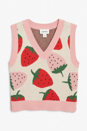 Knitted vest with strawberry pattern - Pink strawberries - Monki WW