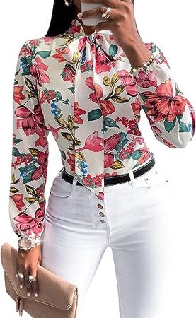 Floerns Women's Floral Print Bow Tied Neck Lantern Long Sleeve Blouse Tops at Amazon Women’s Clothing store
