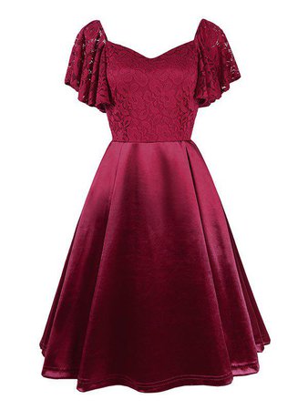 Sweetheart Neck Lace Panel Butterfly Sleeve Dress [41% OFF] | Rosegal