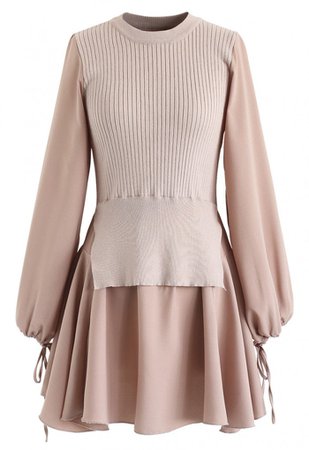 Fake Two-Piece Chiffon Knit Skater Dress in Dusty Pink - NEW ARRIVALS - Retro, Indie and Unique Fashion