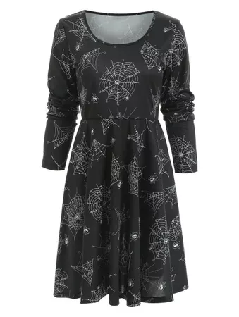 ◈CUSTOM◈ 2018 Long Sleeve Halloween Spider Web Print Dress In BLACK 2XL | DressLily.com
