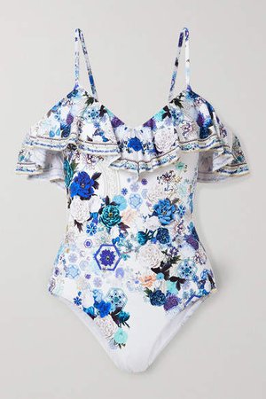Cold-shoulder Ruffled Crystal-embellished Printed Swimsuit - Multi