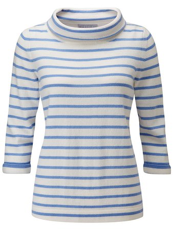 Pure Collection Cashmere Striped Bardot Jumper, Soft White/Sky Blue at John Lewis & Partners