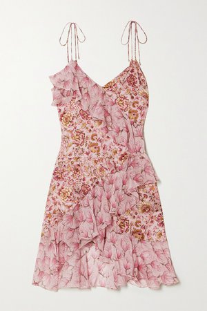 Pink Stella asymmetric ruffled floral-print silk-satin and chiffon mini dress | Raquel Diniz | NET-A-PORTER